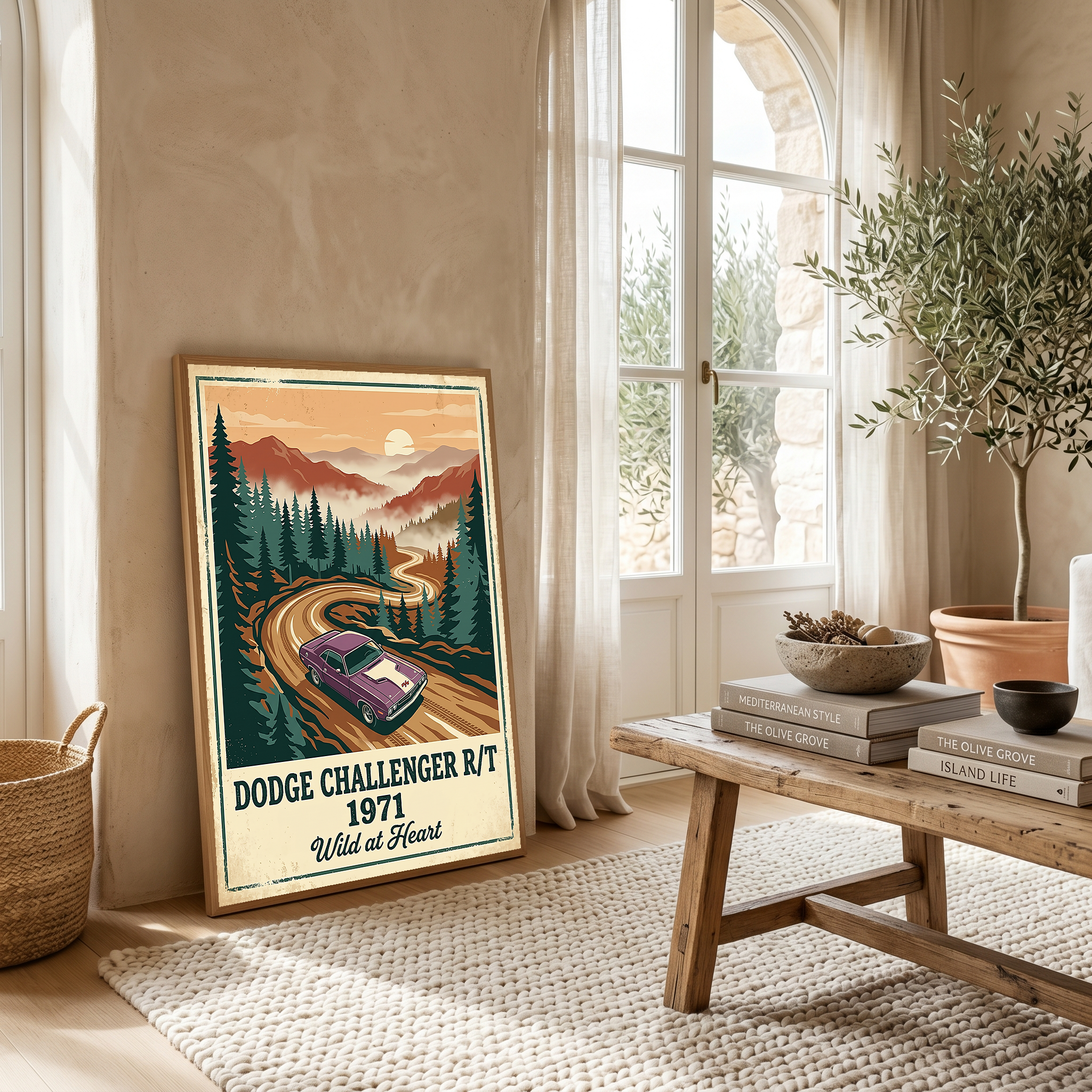Dodge Challenger R/T 1971 V2 Poster — Vintage Muscle Misty Pine Mountain Print