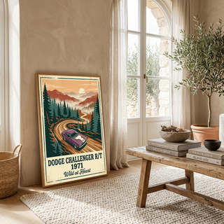 Dodge Challenger R/T 1971 V2 Poster — Vintage Muscle Misty Pine Mountain Print