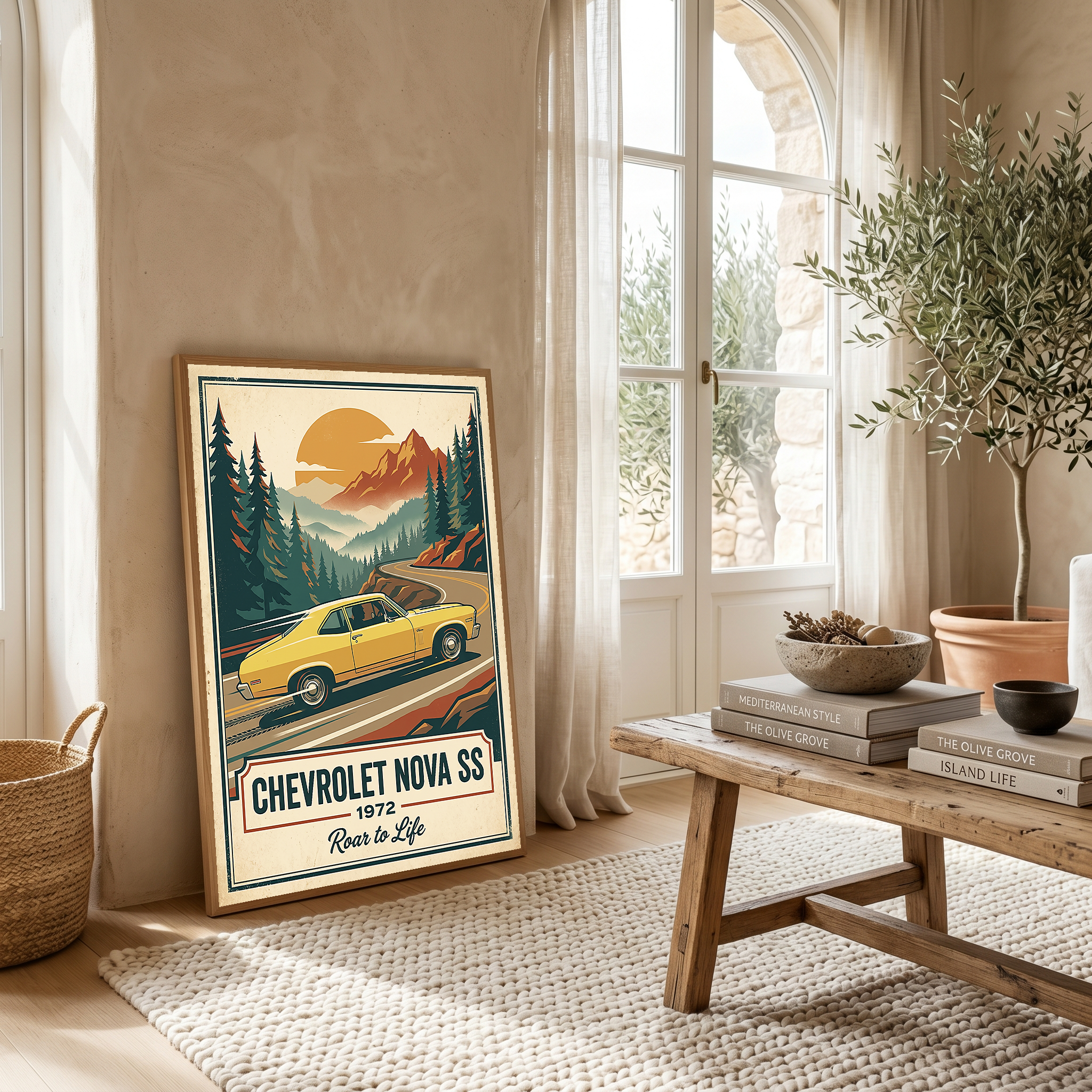 Chevrolet Nova SS 1972 V2 Poster — Vintage Muscle Mountain Pine Winding Road Print