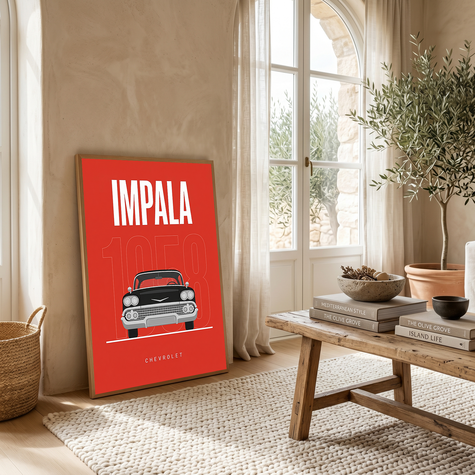 Chevrolet Impala 1958 Minimalist Poster — Red Classic Muscle Line Art
