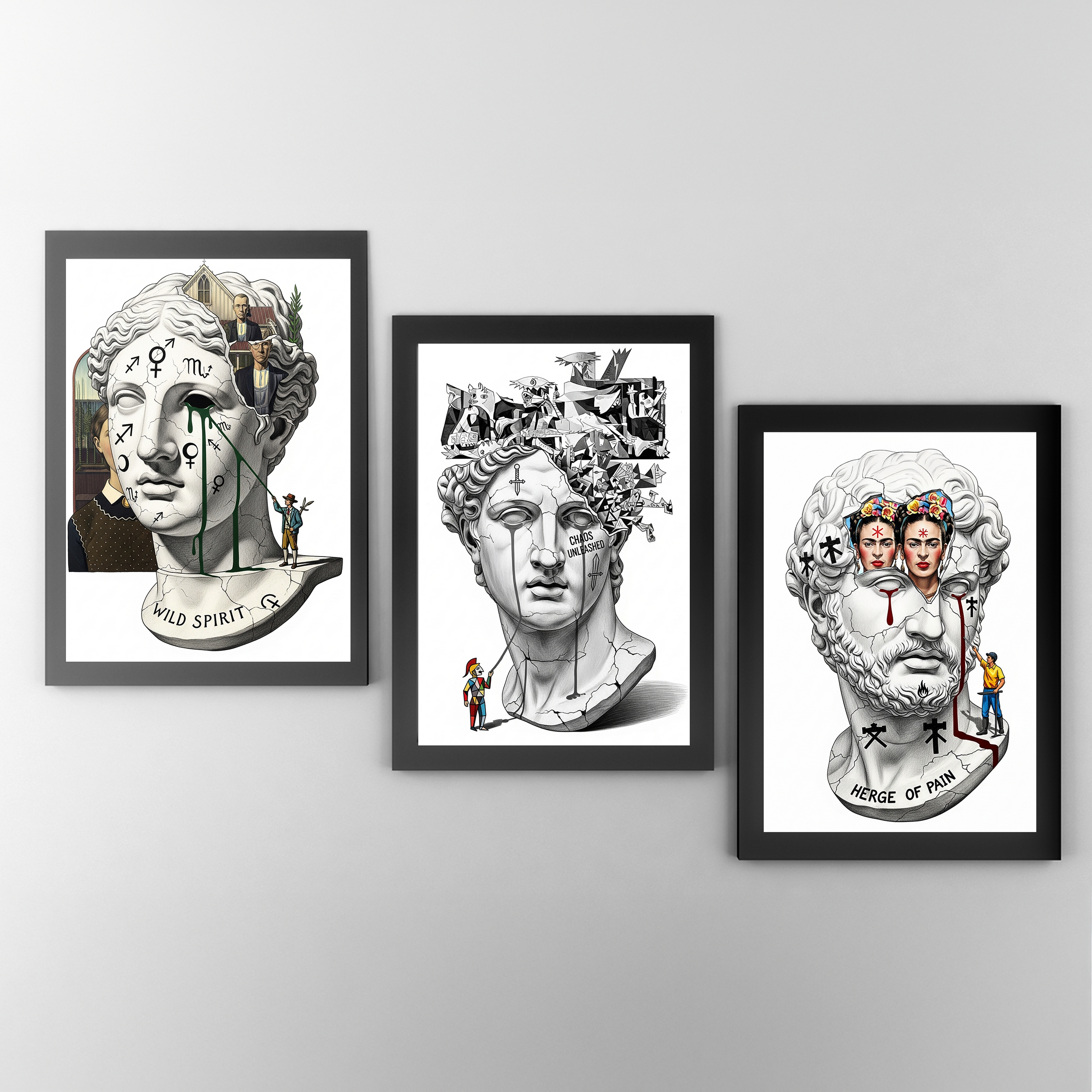 Chaos Unleashed — Surreal David Bust Meets Picasso's Guernica Wall Art Print