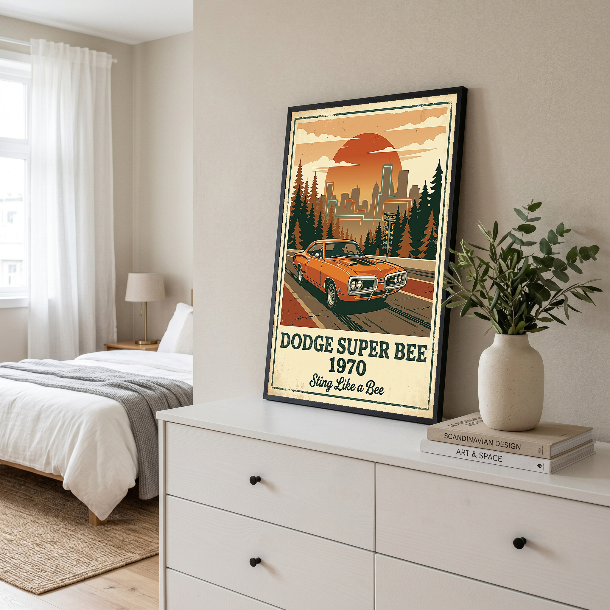 Dodge Super Bee 1970 Poster — Vintage Muscle Car City Skyline Print