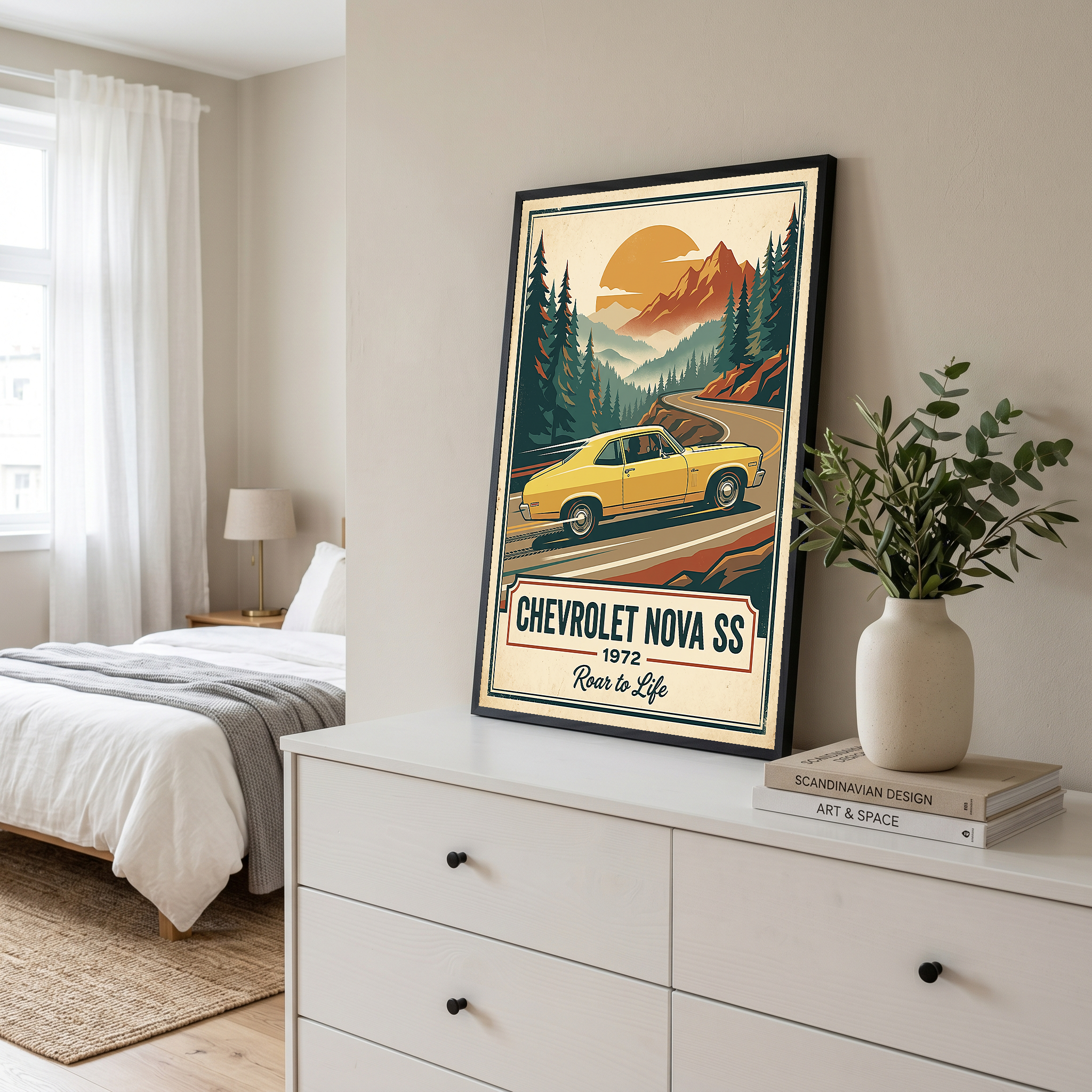 Chevrolet Nova SS 1972 V2 Poster — Vintage Muscle Mountain Pine Winding Road Print