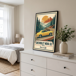 Chevrolet Nova SS 1972 V2 Poster — Vintage Muscle Mountain Pine Winding Road Print