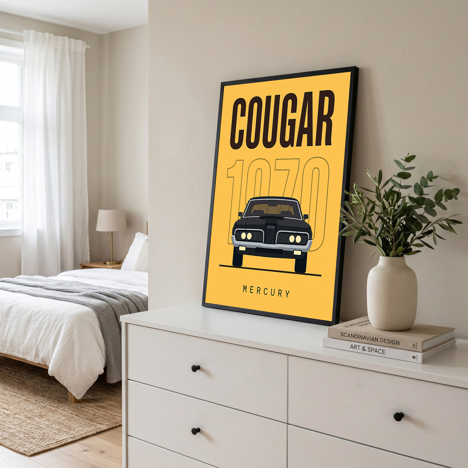 Mercury Cougar 1970 Minimalist Poster — Golden Yellow Muscle Car Line Art