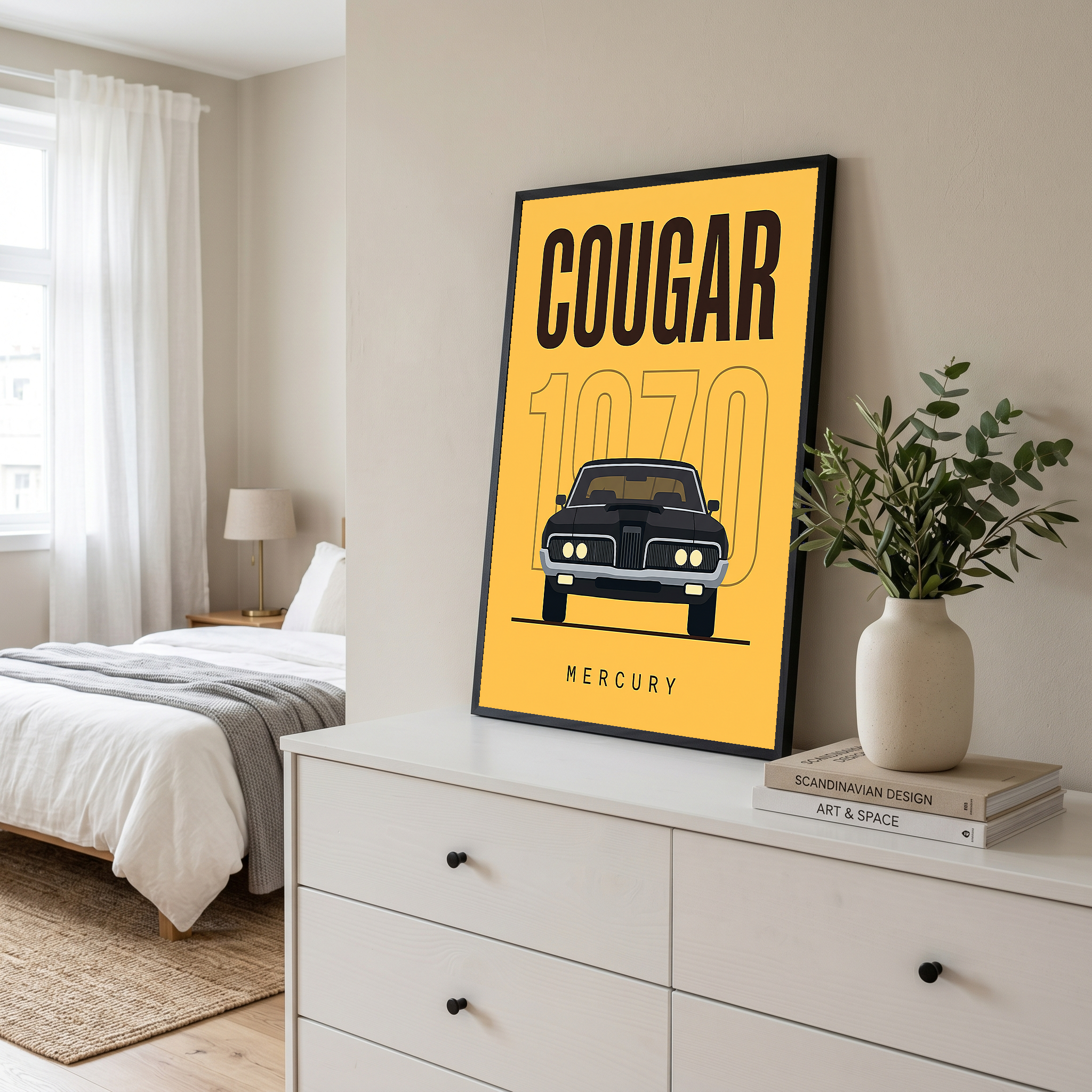 Mercury Cougar 1970 Minimalist Poster — Golden Yellow Muscle Car Line Art