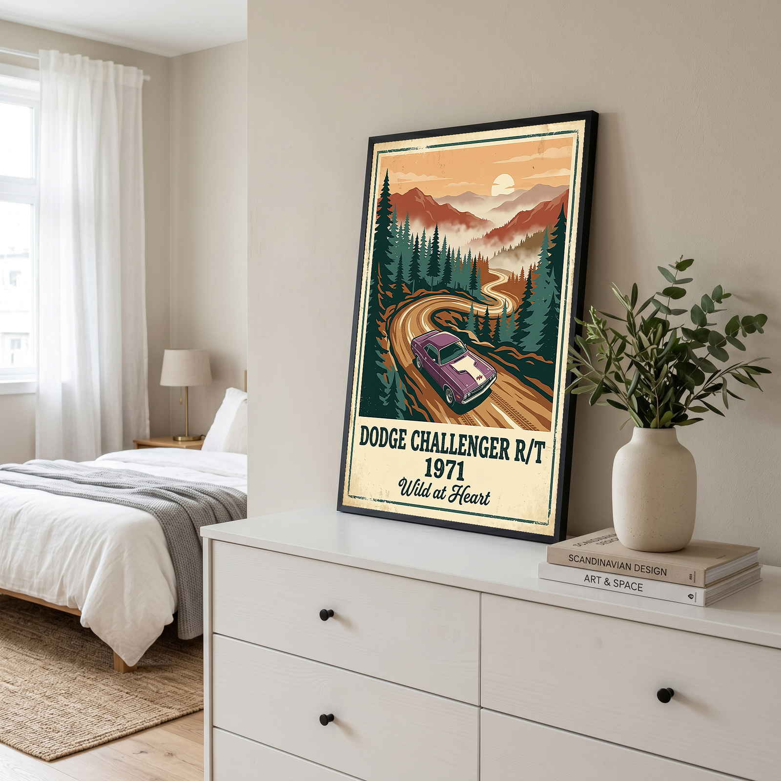 Dodge Challenger R/T 1971 V2 Poster — Vintage Muscle Misty Pine Mountain Print