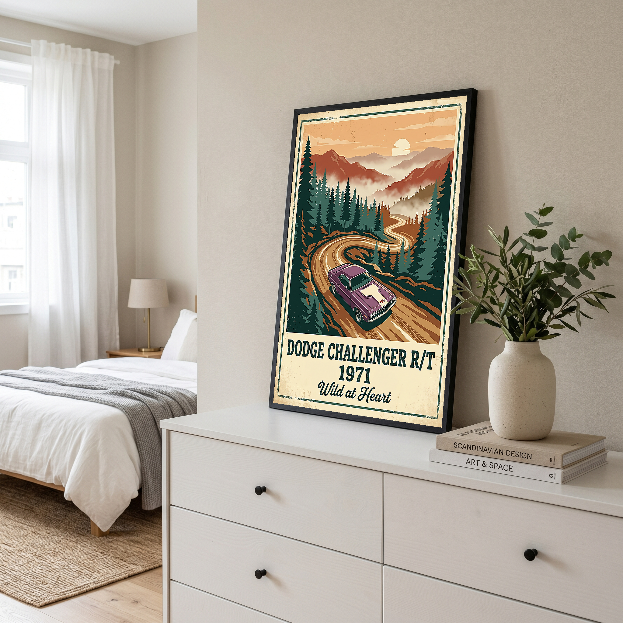 Dodge Challenger R/T 1971 V2 Poster — Vintage Muscle Misty Pine Mountain Print