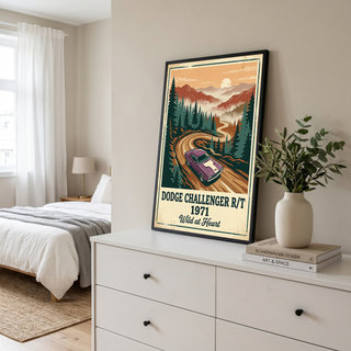 Dodge Challenger R/T 1971 V2 Poster — Vintage Muscle Misty Pine Mountain Print
