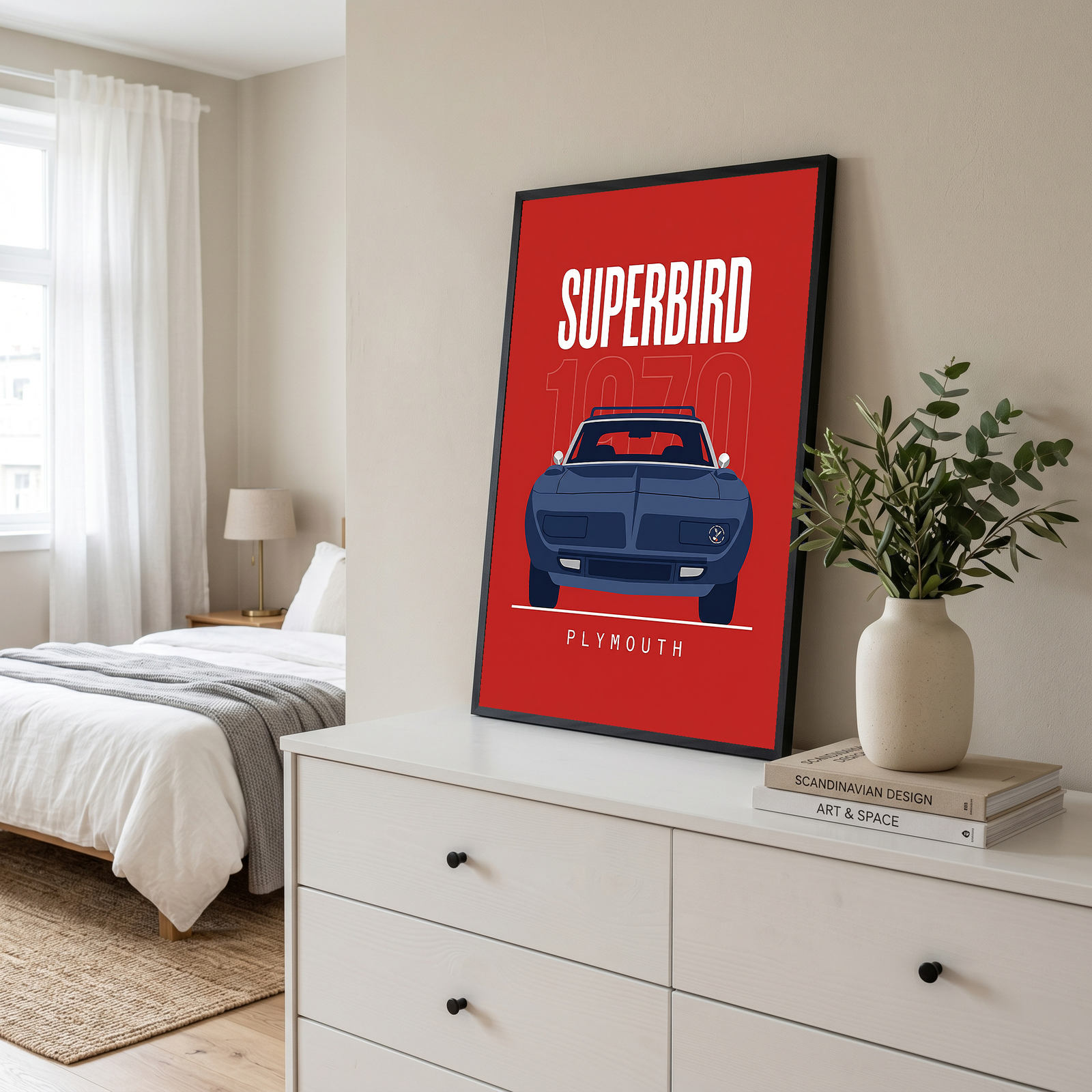 Plymouth Superbird 1970 Minimalist Poster — Red Aero Wing Muscle Line Art