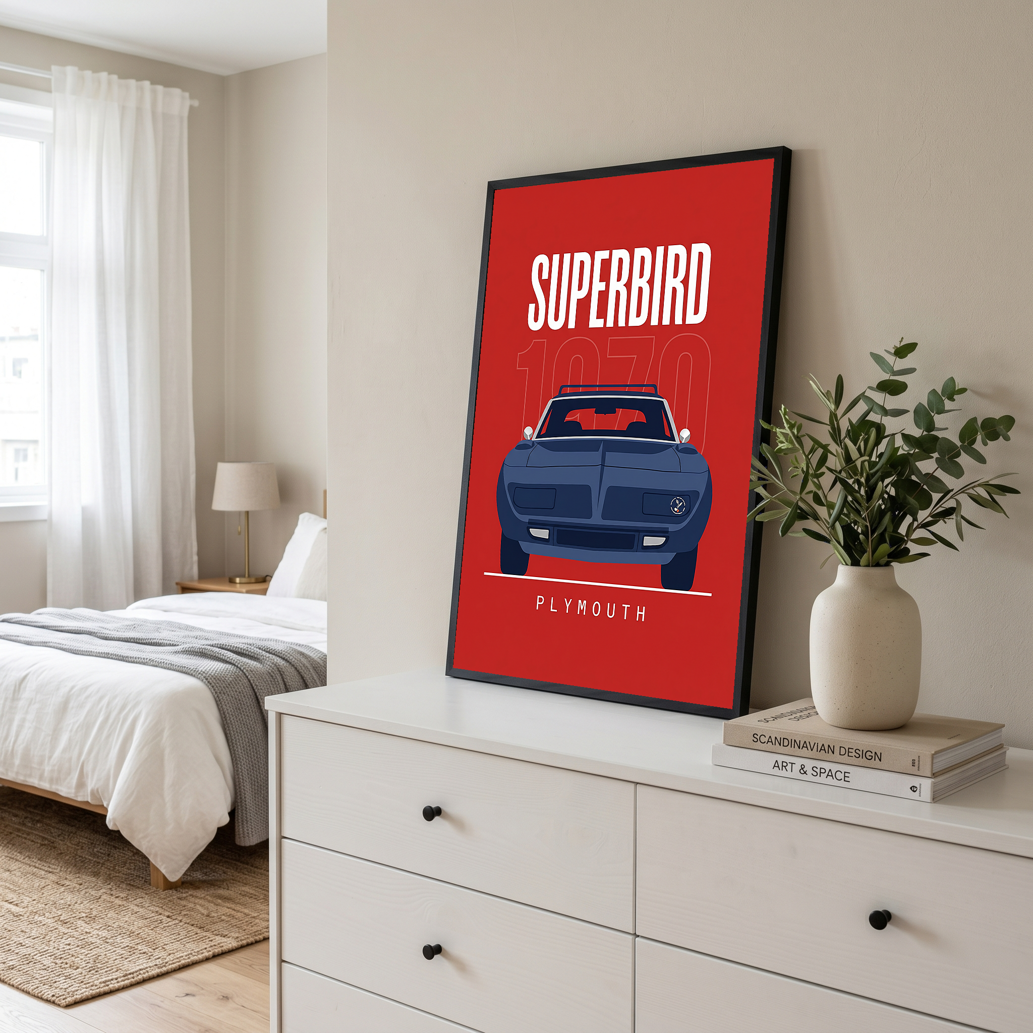 Plymouth Superbird 1970 Minimalist Poster — Red Aero Wing Muscle Line Art
