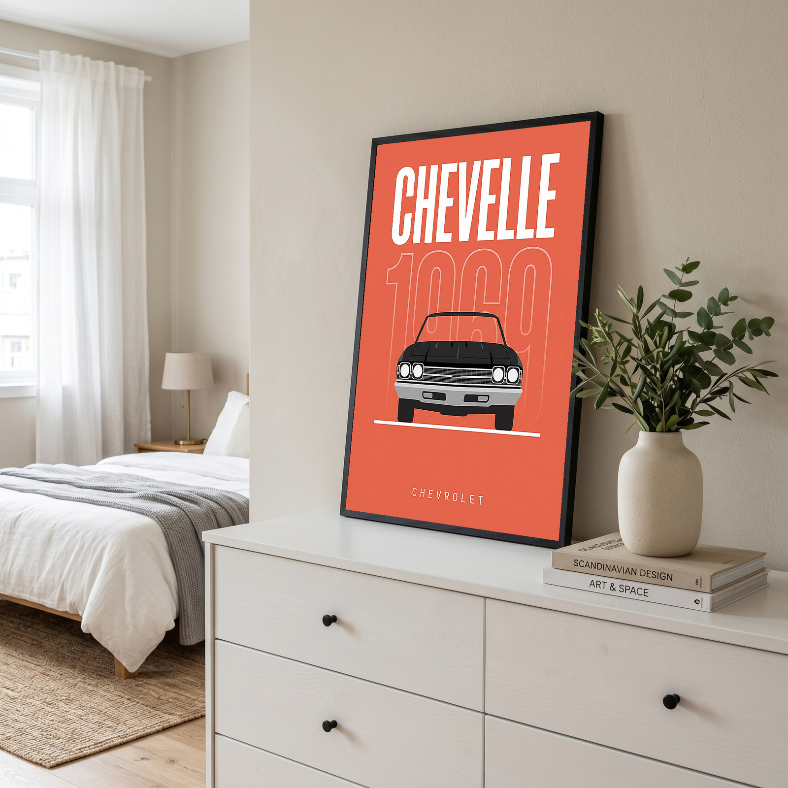 Chevrolet Chevelle 1969 Minimalist Poster — Coral Convertible Muscle Line Art