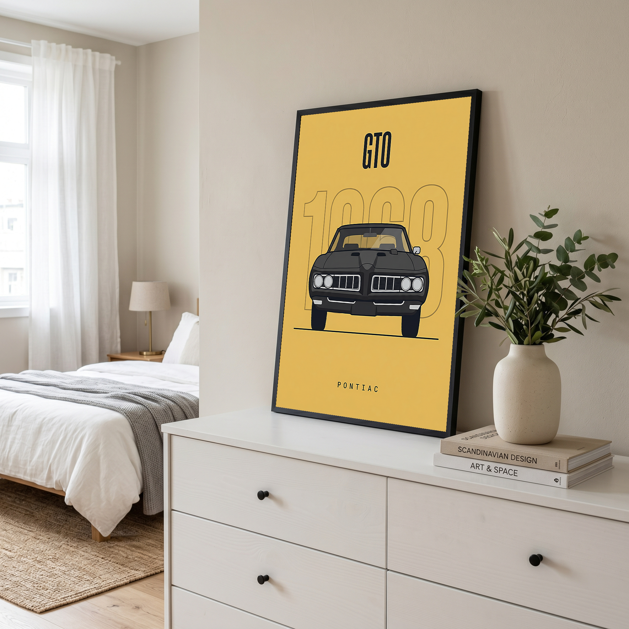 Pontiac GTO 1968 Minimalist Poster — Golden Yellow Muscle Car Line Art
