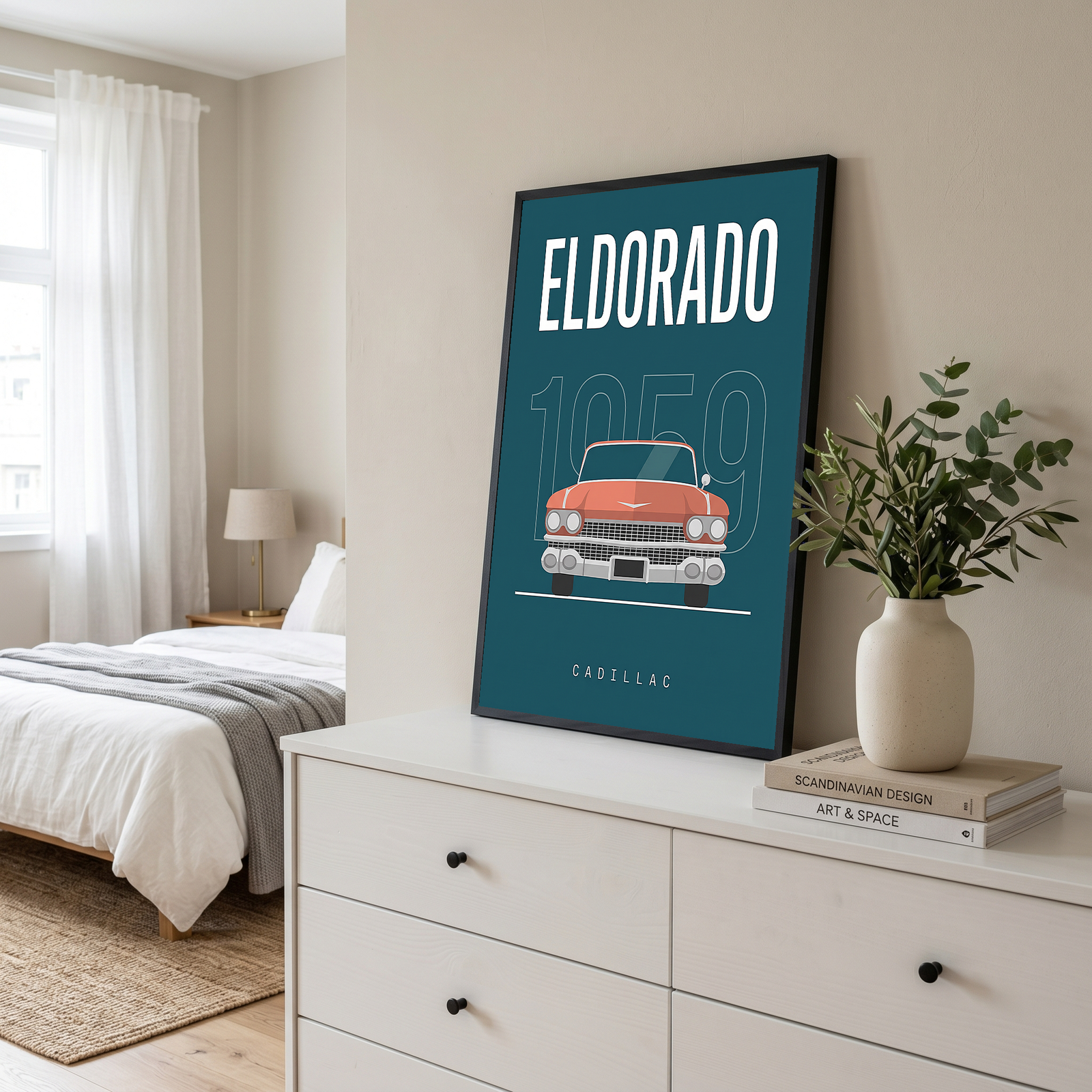 Cadillac Eldorado 1959 Minimalist Poster — Teal Tail-Fin Classic Line Art