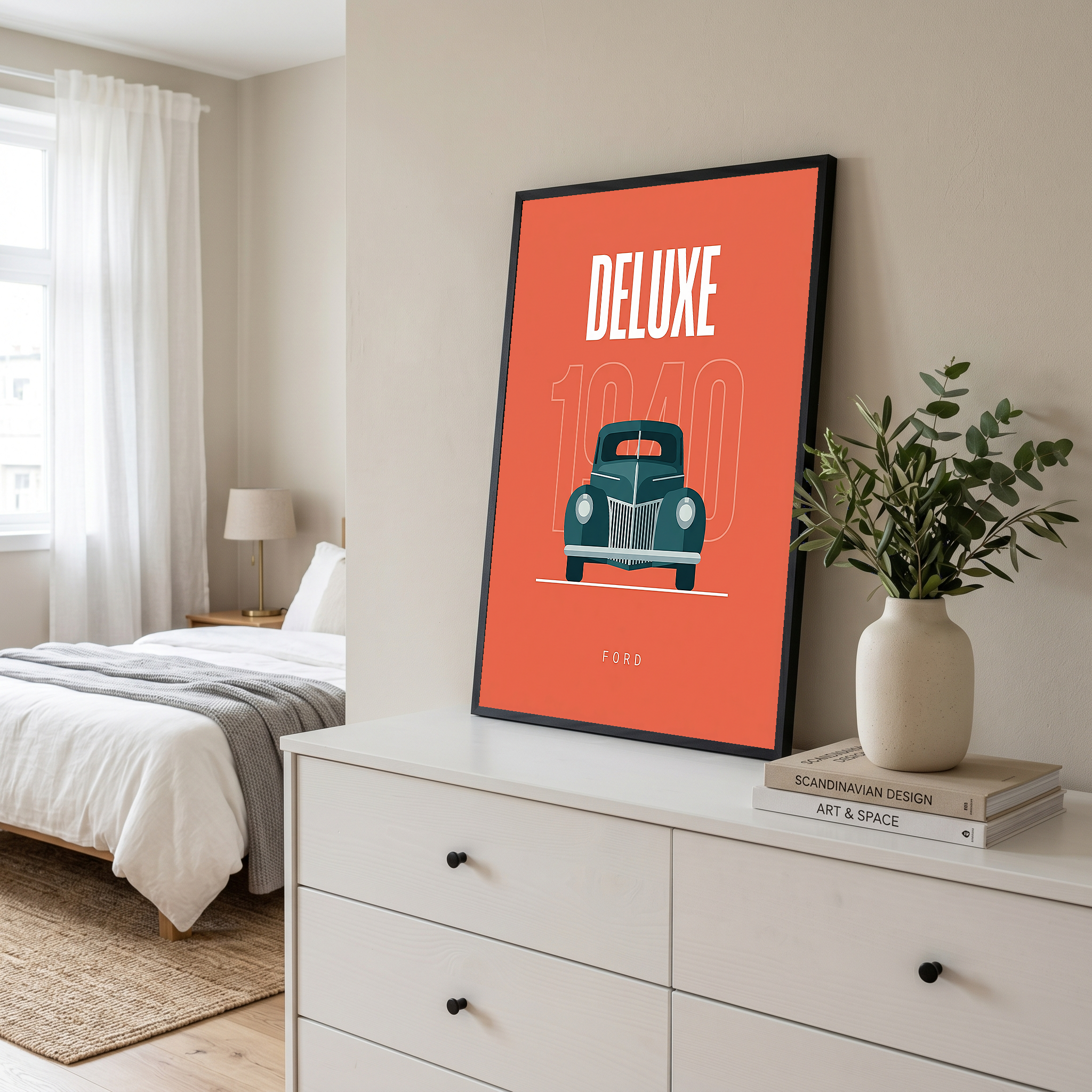 Ford Deluxe 1940 Minimalist Poster — Coral Pre-War Classic Line Art