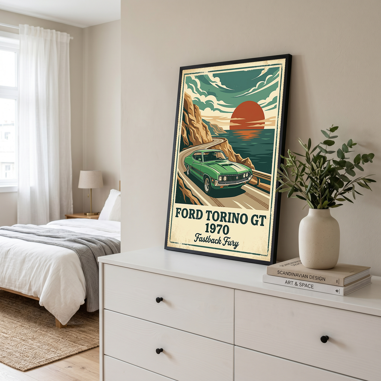 Ford Torino GT 1970 Poster — Vintage Muscle Car Coastal Cliff Sunset Print
