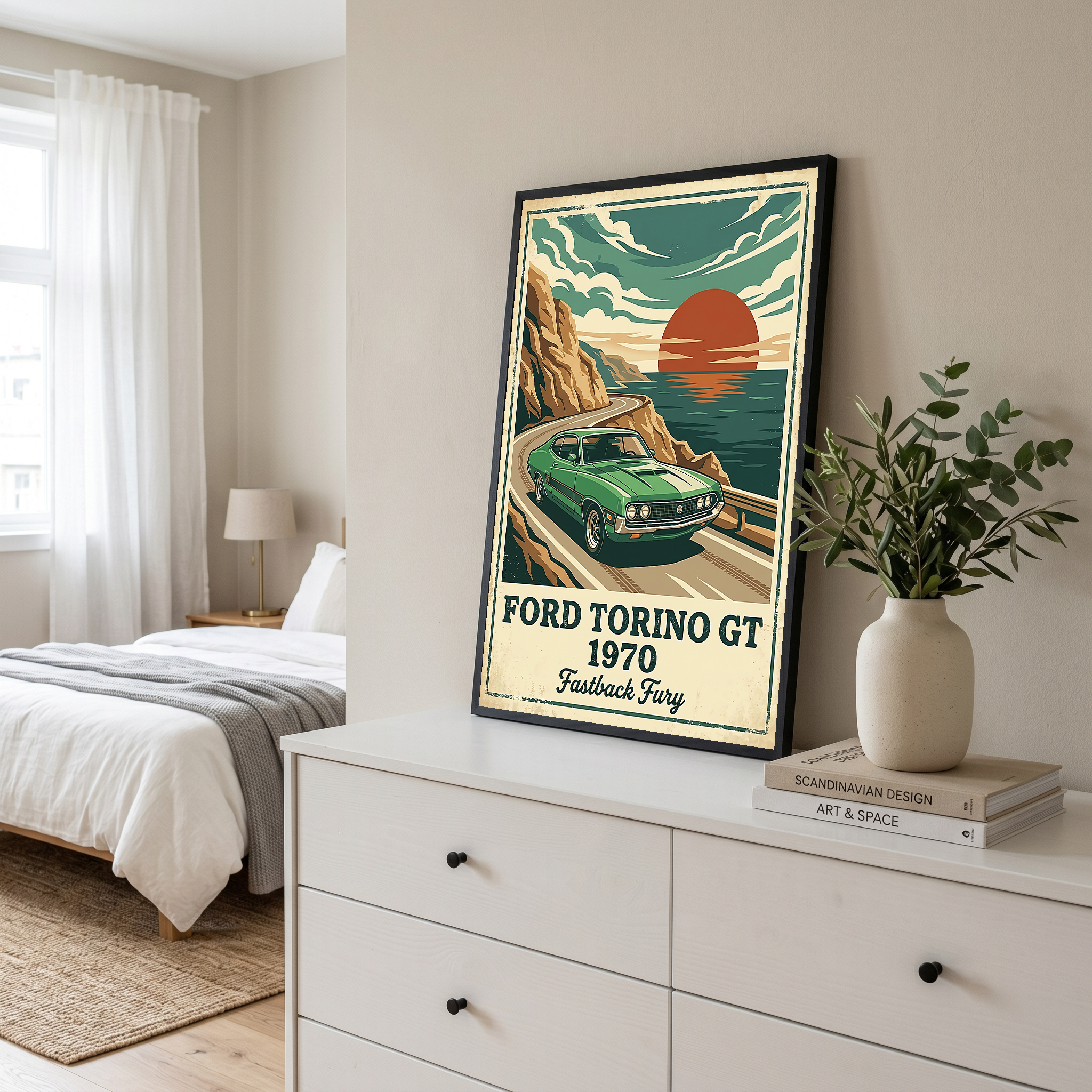 Ford Torino GT 1970 Poster — Vintage Muscle Car Coastal Cliff Sunset Print
