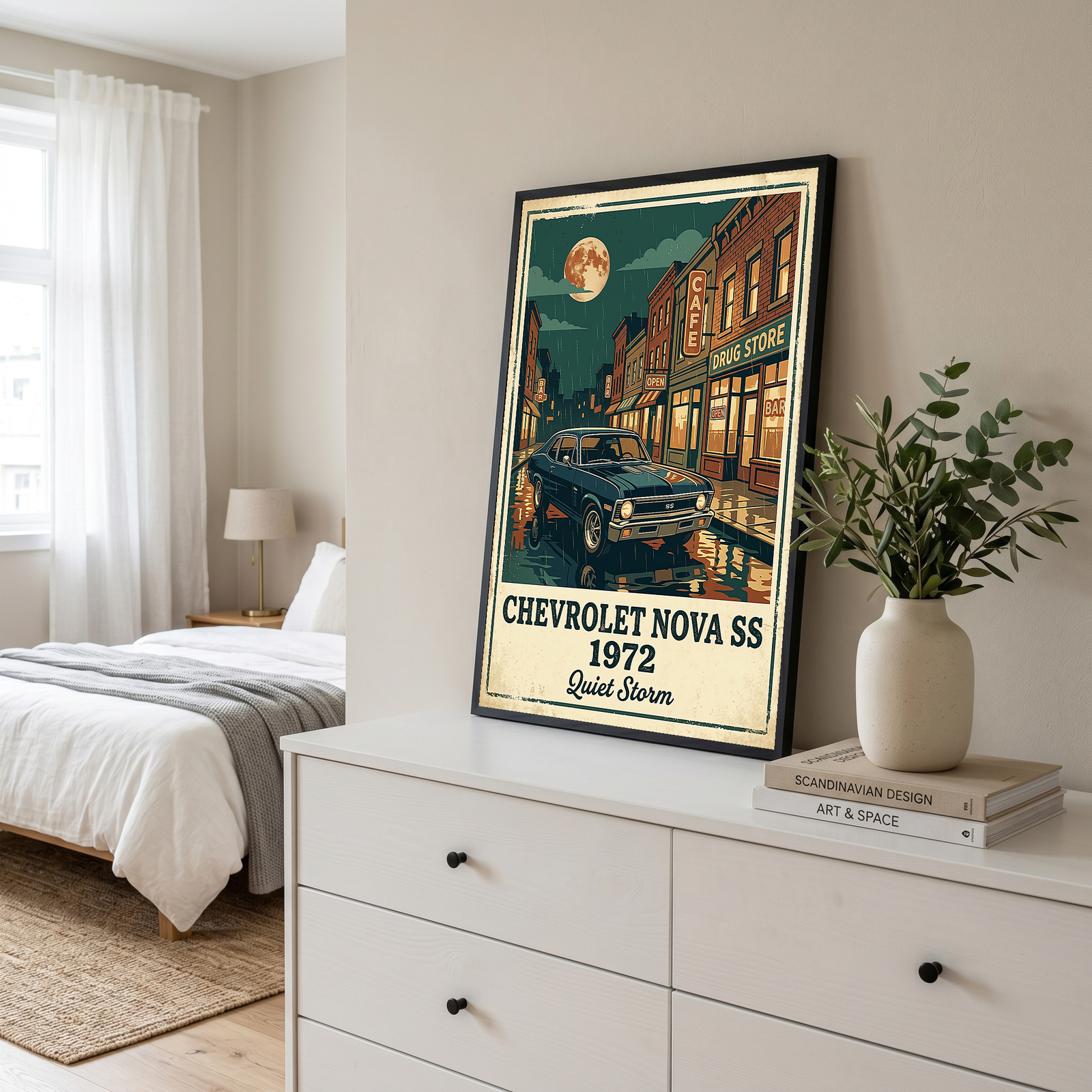 Chevrolet Nova SS 1972 Poster — Vintage Muscle Car Rainy Night Street Print