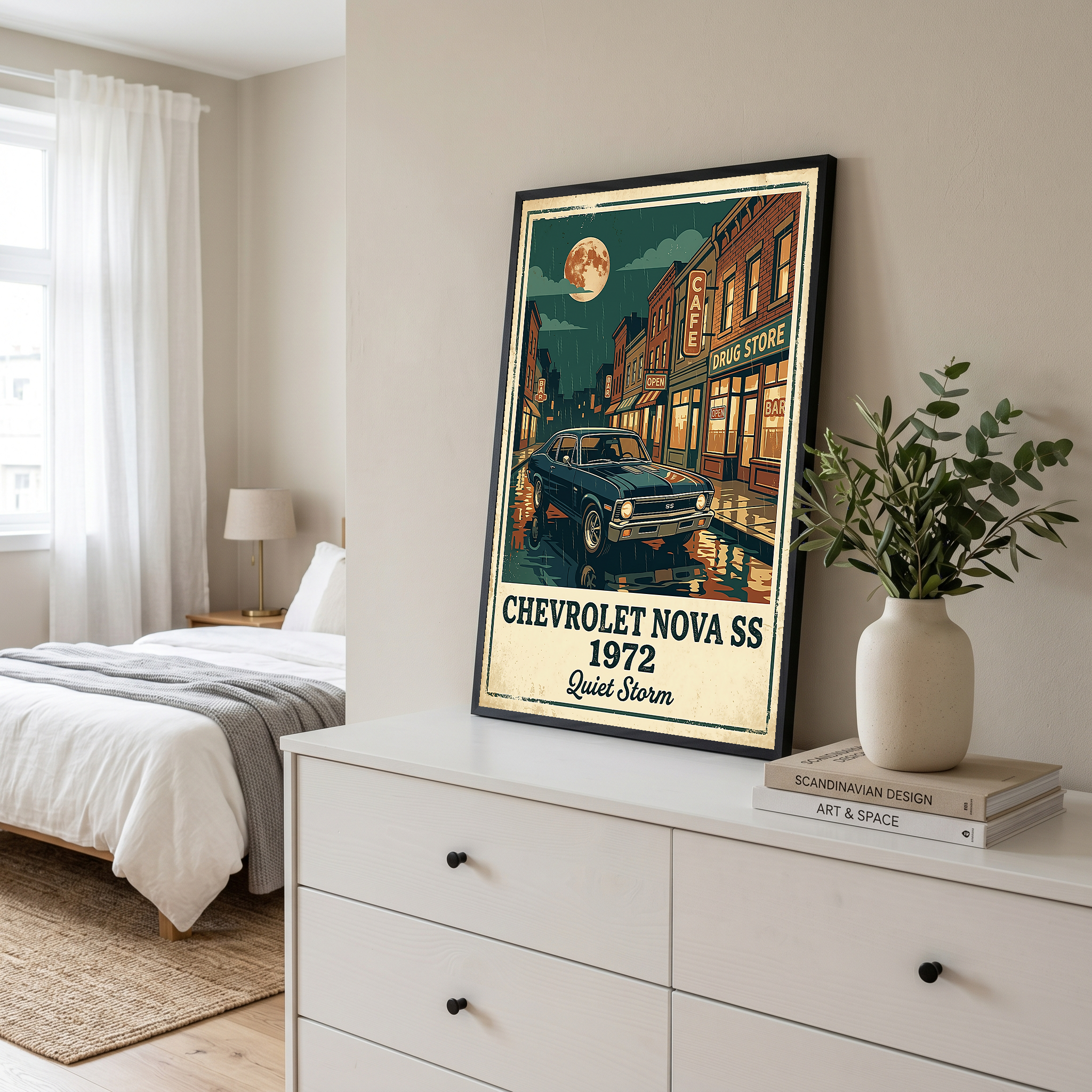 Chevrolet Nova SS 1972 Poster — Vintage Muscle Car Rainy Night Street Print
