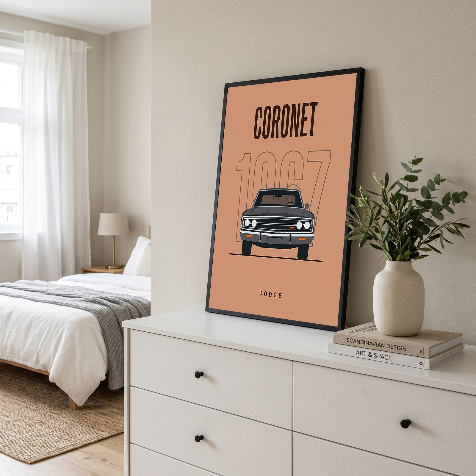 Dodge Coronet 1967 Minimalist Poster — Peach Muscle Car Line Art