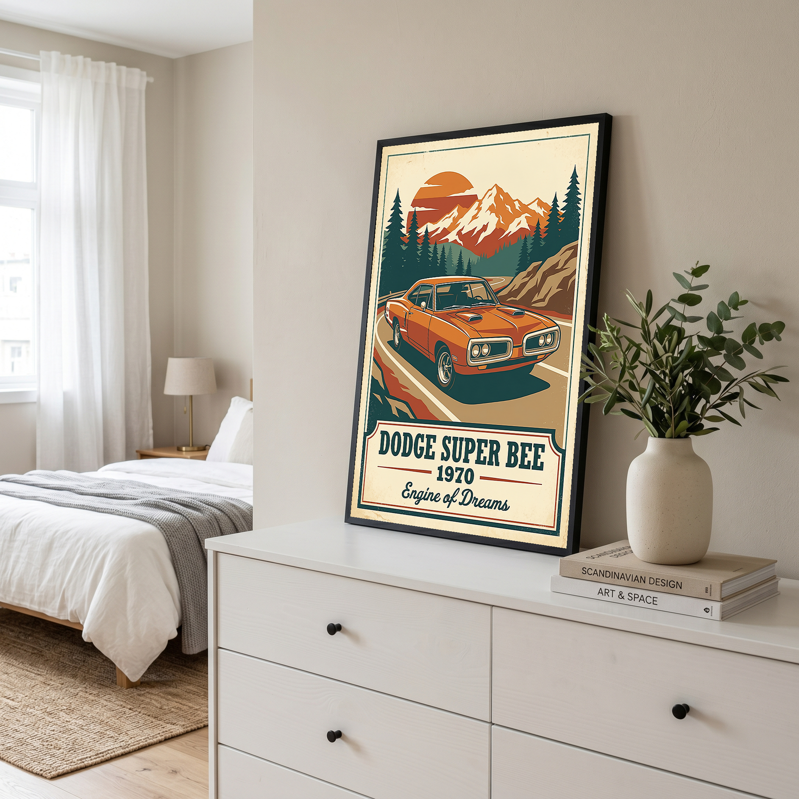 Dodge Super Bee 1970 V2 Poster — Vintage Muscle Mountain Pine Sunset Print