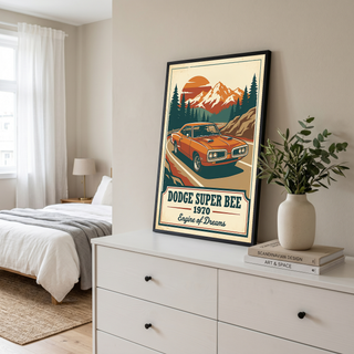 Dodge Super Bee 1970 V2 Poster — Vintage Muscle Mountain Pine Sunset Print