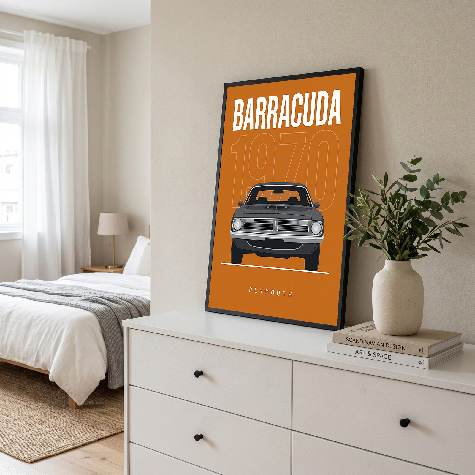 Plymouth Barracuda 1970 Minimalist Poster — Orange Muscle Car Line Art