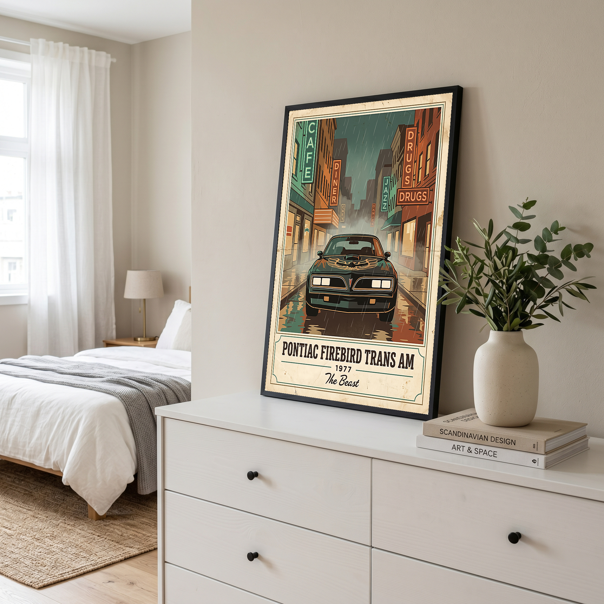 Pontiac Firebird Trans Am 1977 Poster — Vintage Muscle Bandit Rainy Noir Street Print