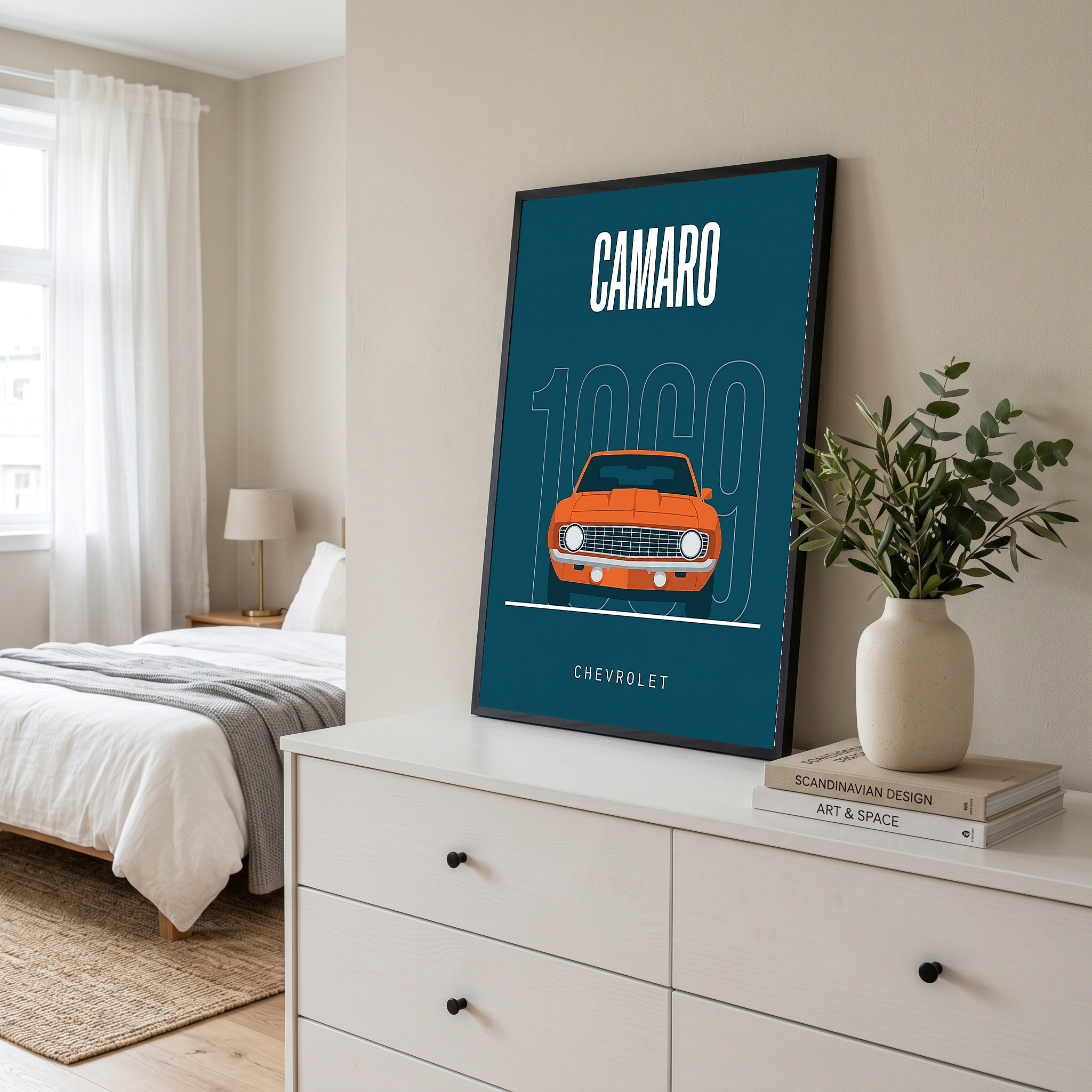 Chevrolet Camaro 1969 Minimalist Poster — Teal Muscle Car Line Art