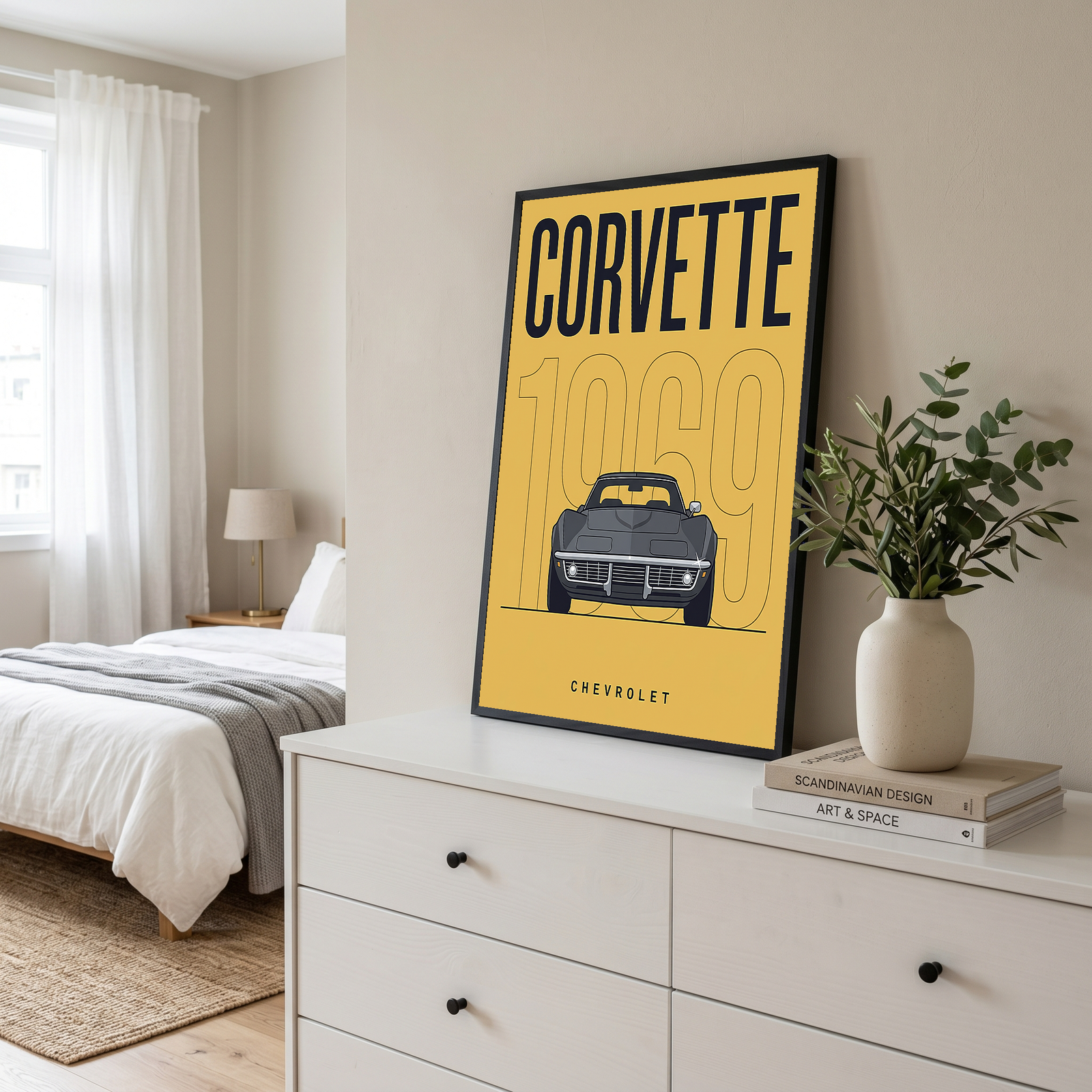 Chevrolet Corvette 1969 V2 Yellow Minimalist Poster — Muscle Car Line Art