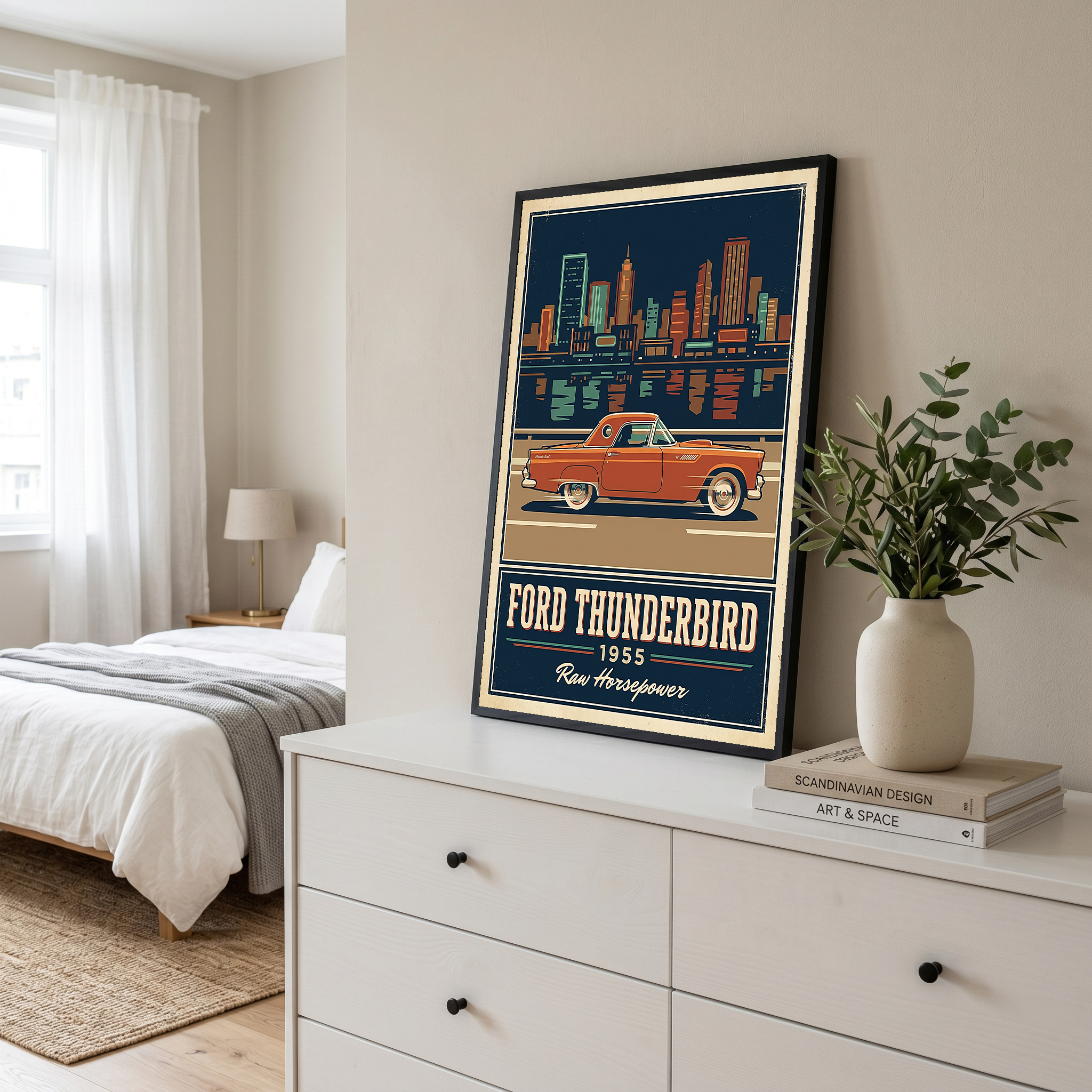 Ford Thunderbird 1955 Poster — Vintage Two-Seater Convertible City Skyline Print