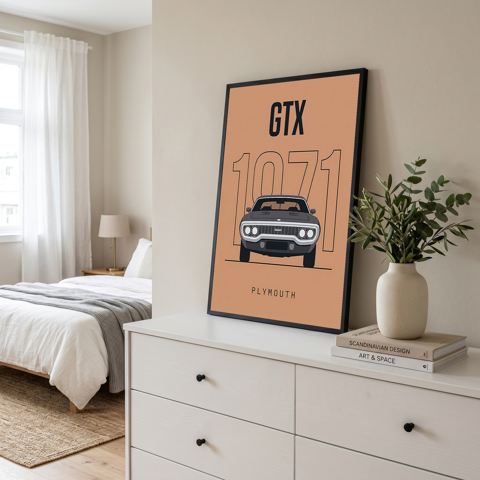 Plymouth GTX 1971 Minimalist Poster — Peach B-Body Muscle Line Art
