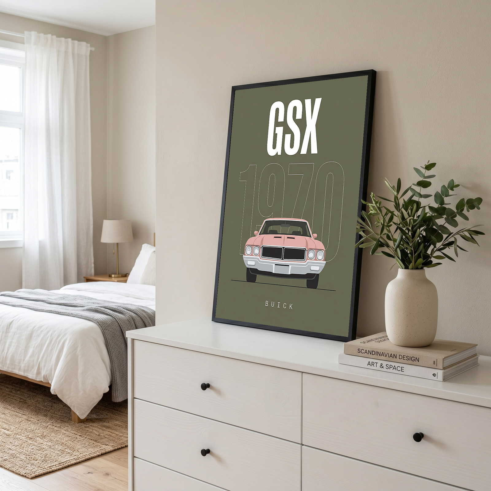 Buick GSX 1970 Minimalist Poster — Olive Sage Muscle Car Line Art