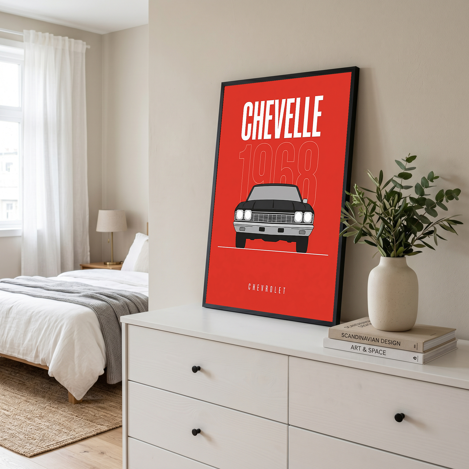 Chevrolet Chevelle 1968 V2 Minimalist Poster — Crimson Sedan Muscle Line Art
