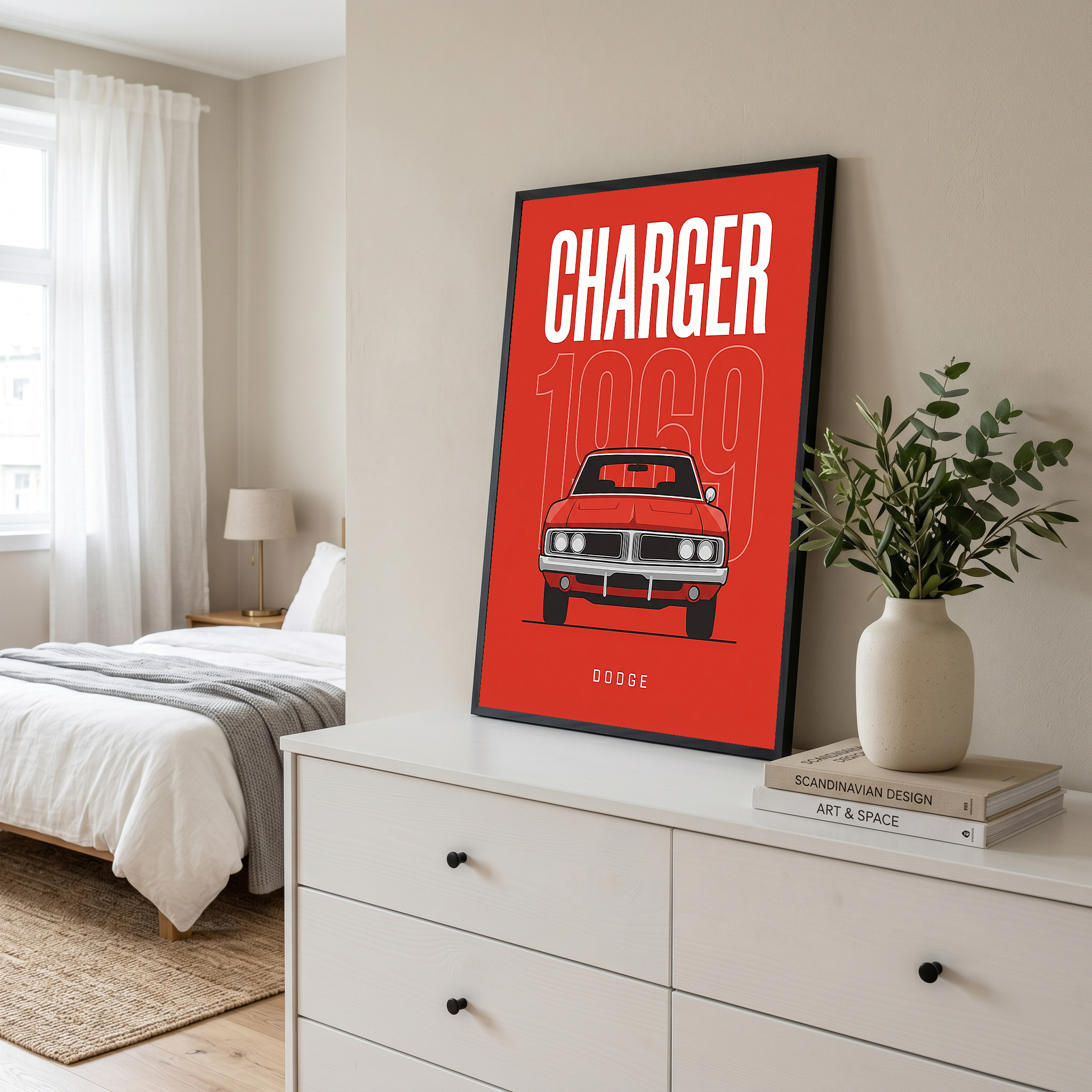 Dodge Charger 1969 Minimalist Poster — Red Muscle Car Line Art