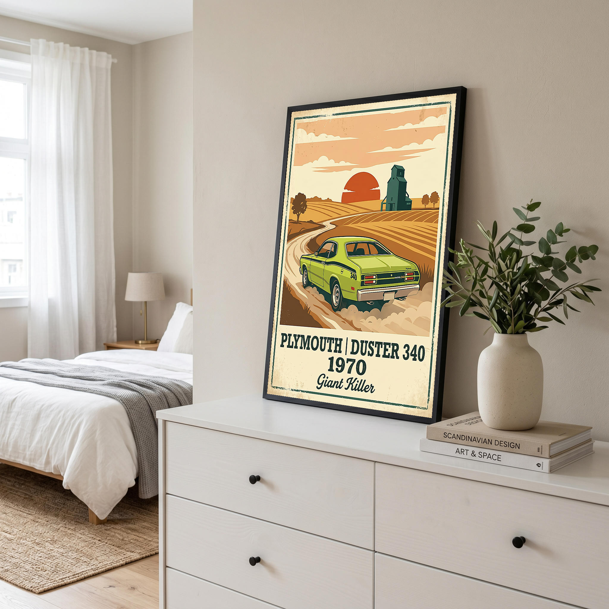 Plymouth Duster 340 1970 Poster — Vintage Muscle Car Country Wheat Print