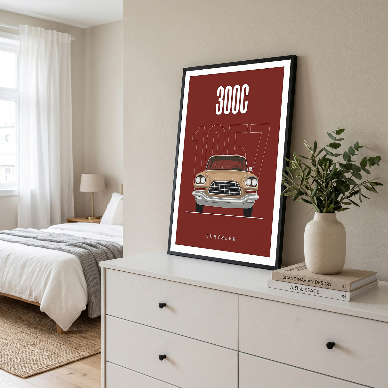 Chrysler 300C 1957 Minimalist Poster — Crimson Letter Series Line Art