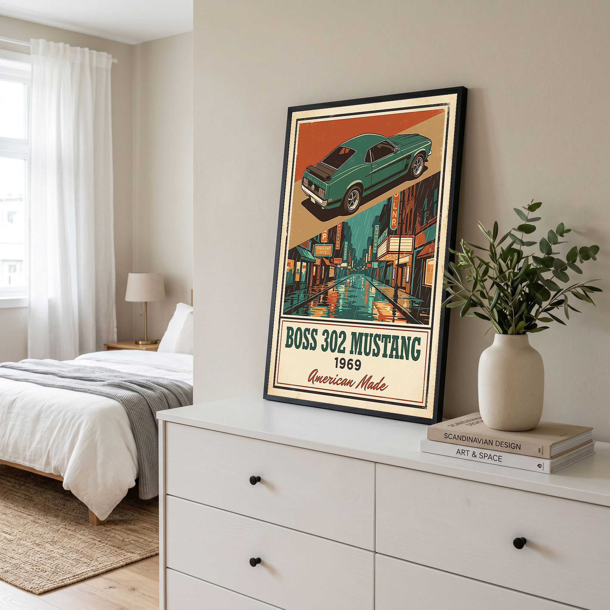 Boss 302 Mustang 1969 V2 Poster — Vintage Muscle Rainy Cinema Street Print
