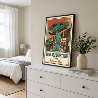 Boss 302 Mustang 1969 V2 Poster — Vintage Muscle Rainy Cinema Street Print