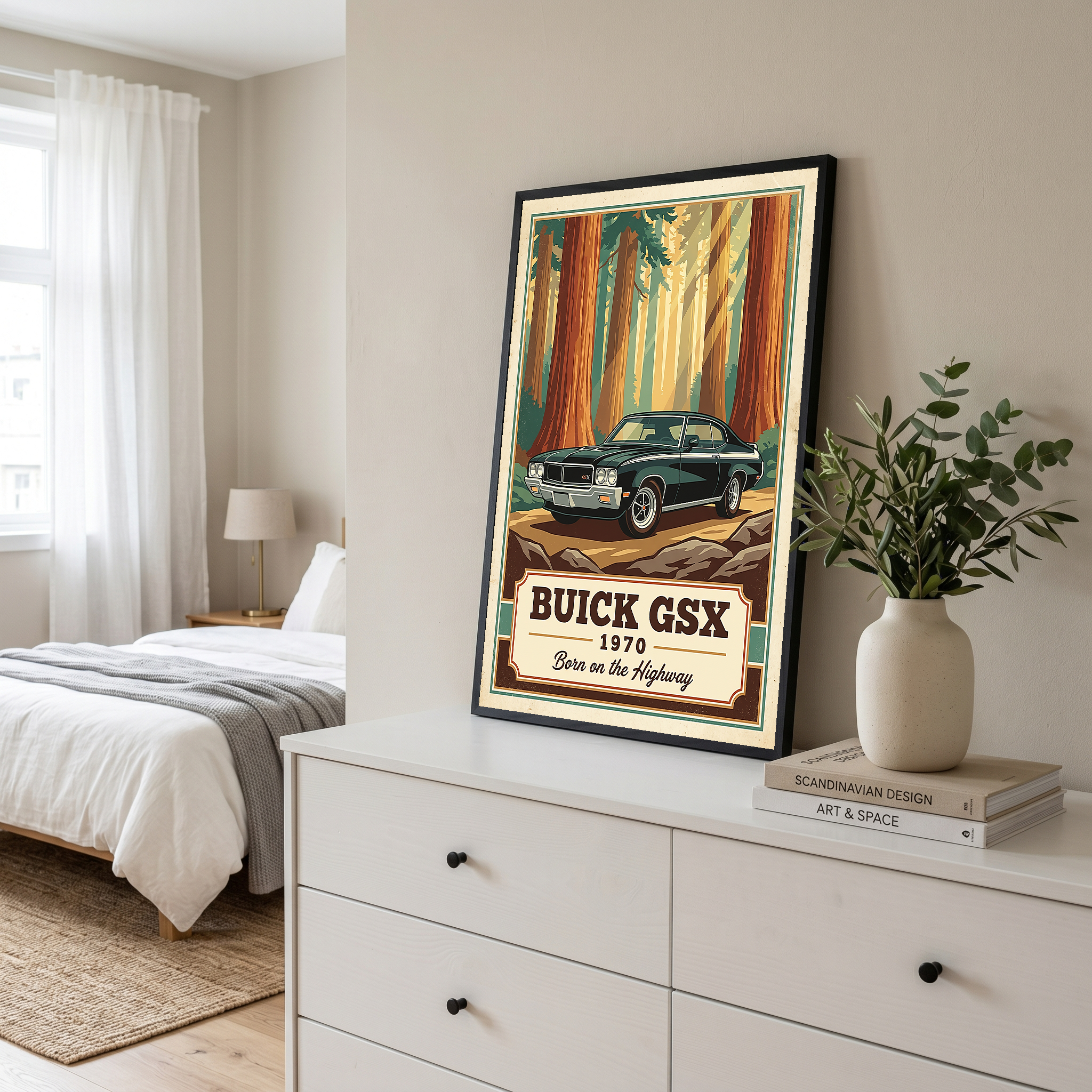 Buick GSX 1970 V2 Poster — Vintage Muscle Redwood Forest Light Beam Print