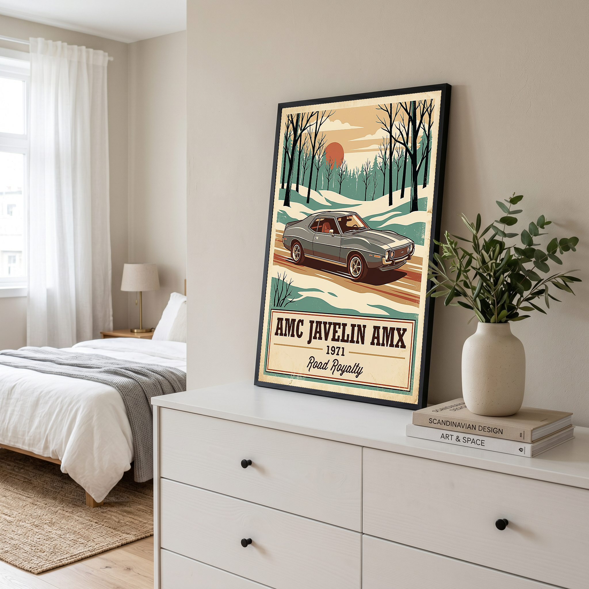 AMC Javelin AMX 1971 V2 Poster — Vintage Muscle Winter Snow Birch Forest Print