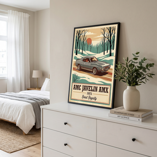 AMC Javelin AMX 1971 V2 Poster — Vintage Muscle Winter Snow Birch Forest Print