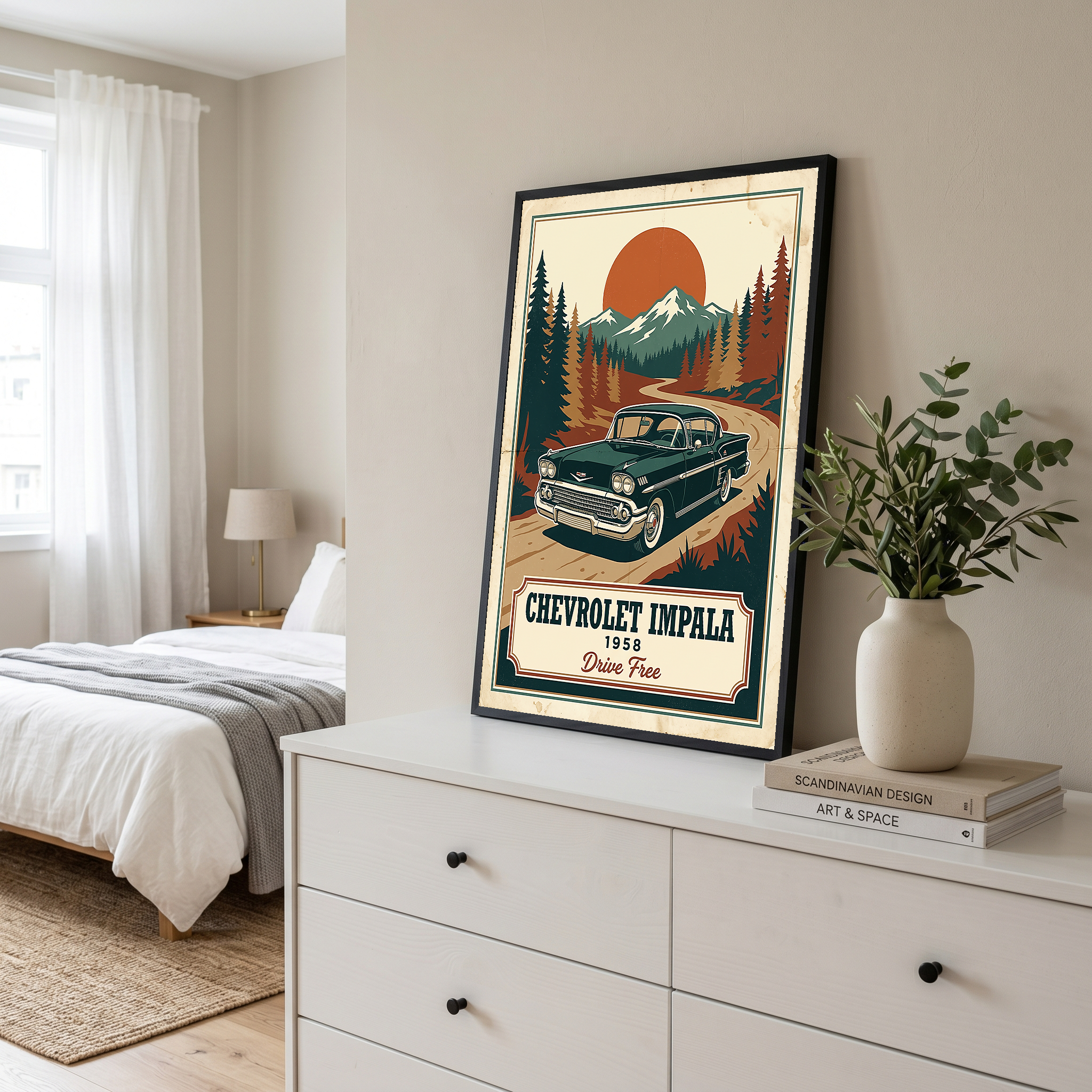 Chevrolet Impala 1958 Poster — Vintage Muscle Mountain Pine Sunset Print