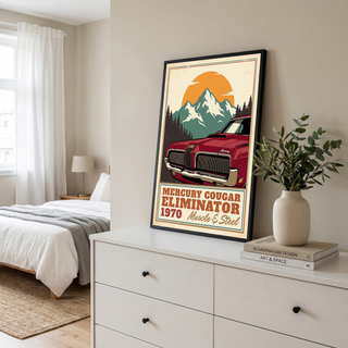 Mercury Cougar Eliminator 1970 V3 Poster — Vintage Muscle Front Grille Mountain Print