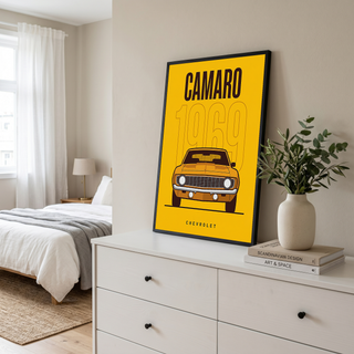 Chevrolet Camaro 1969 V2 Yellow Minimalist Poster — Muscle Car Line Art