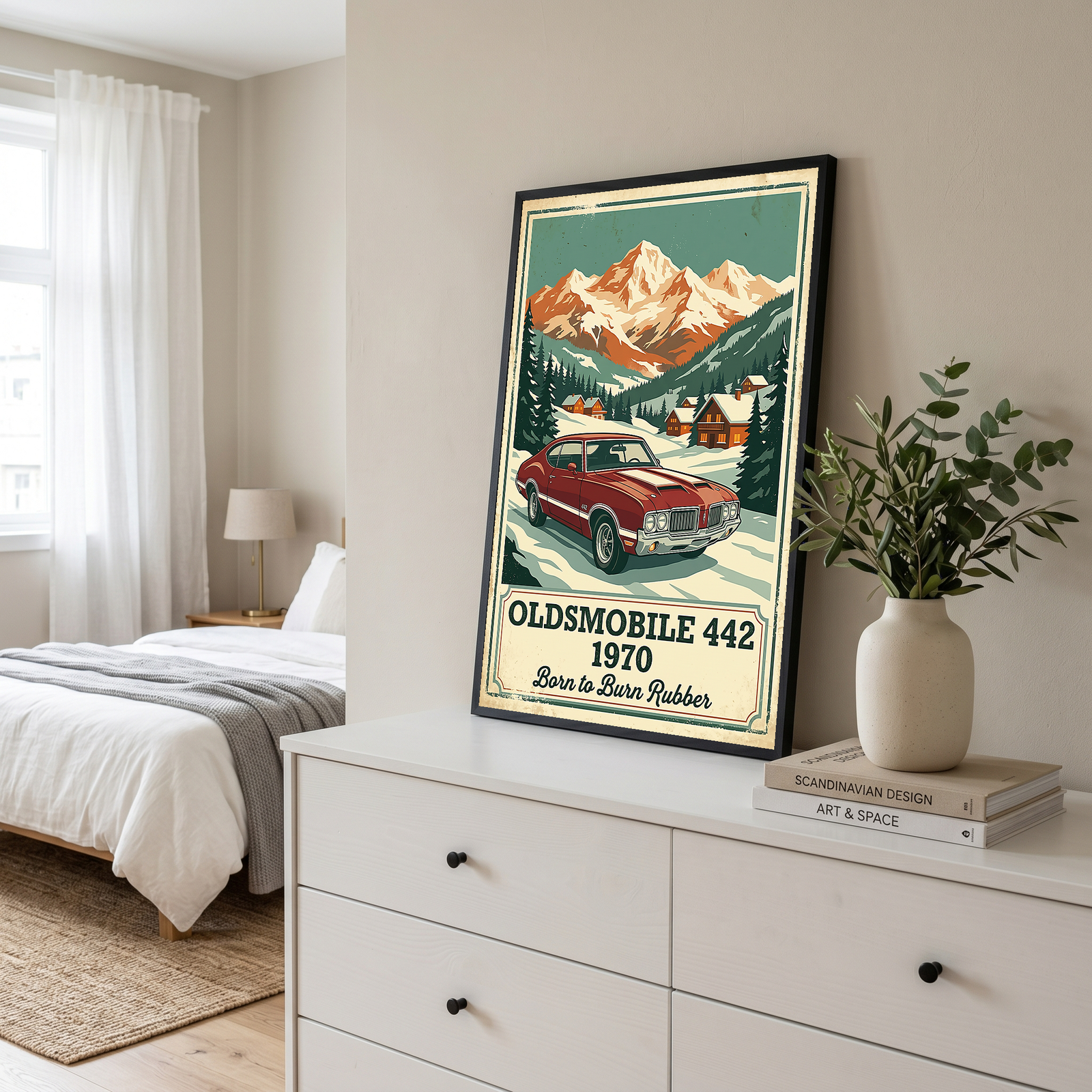 Oldsmobile 442 1970 V2 Poster — Vintage Muscle Winter Alpine Village Print
