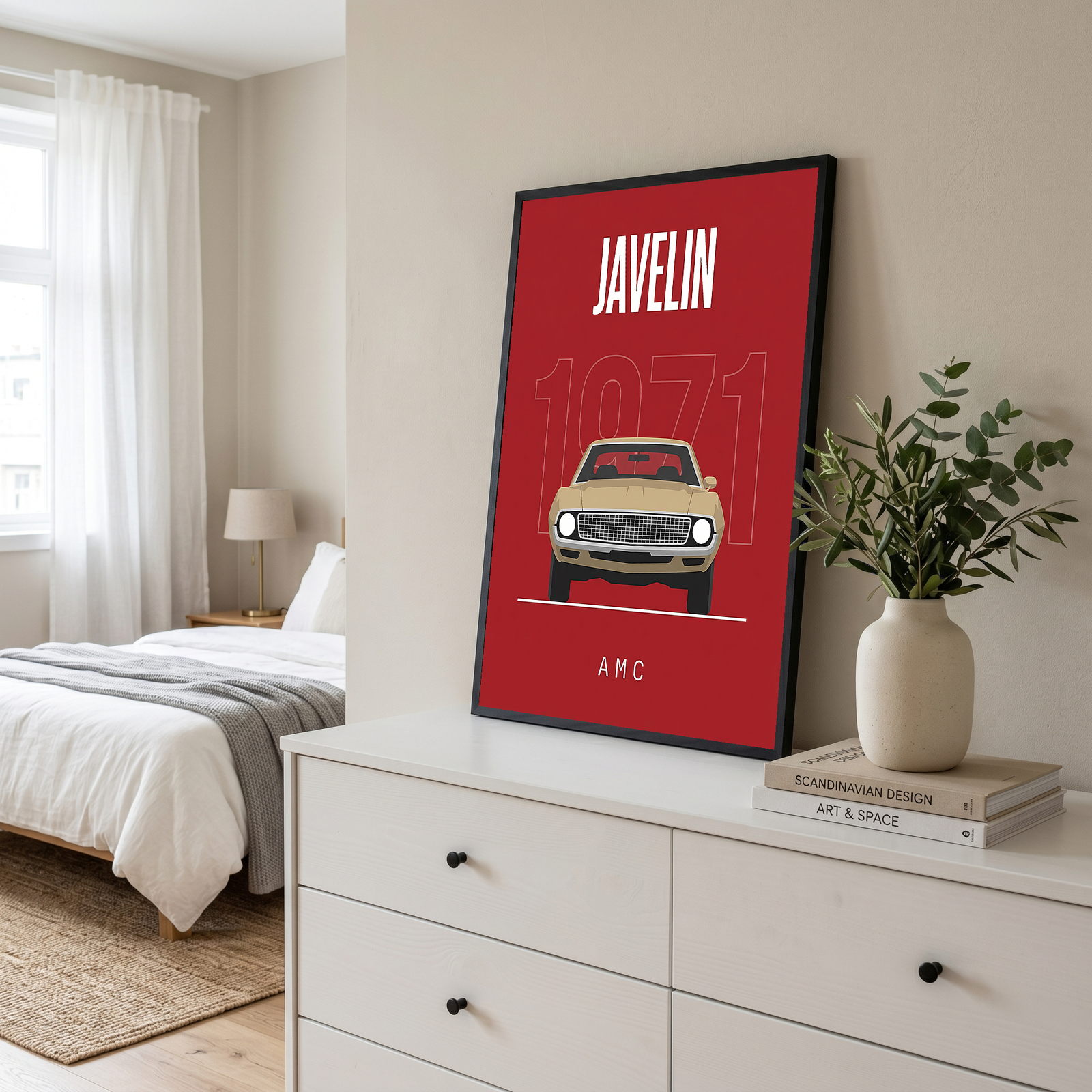 AMC Javelin 1971 Minimalist Poster — Red Muscle Car Line Art