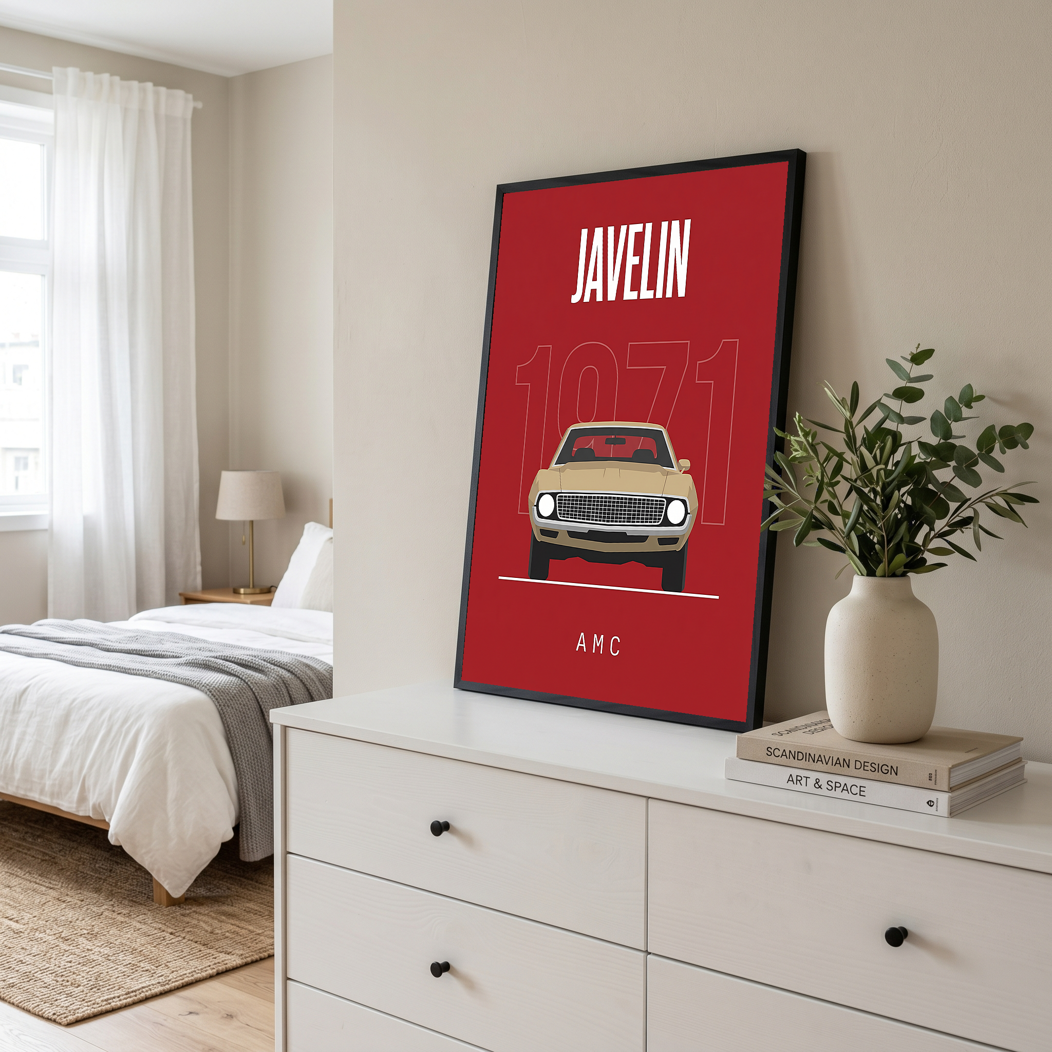 AMC Javelin 1971 Minimalist Poster — Red Muscle Car Line Art