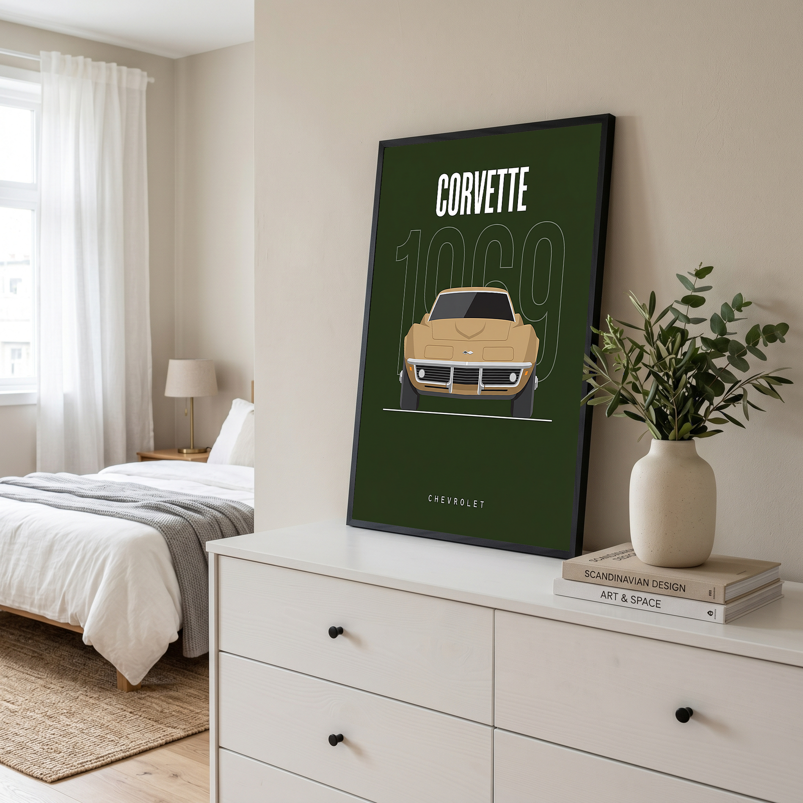 Chevrolet Corvette 1969 Minimalist Poster — Forest Green Muscle Car Line Art