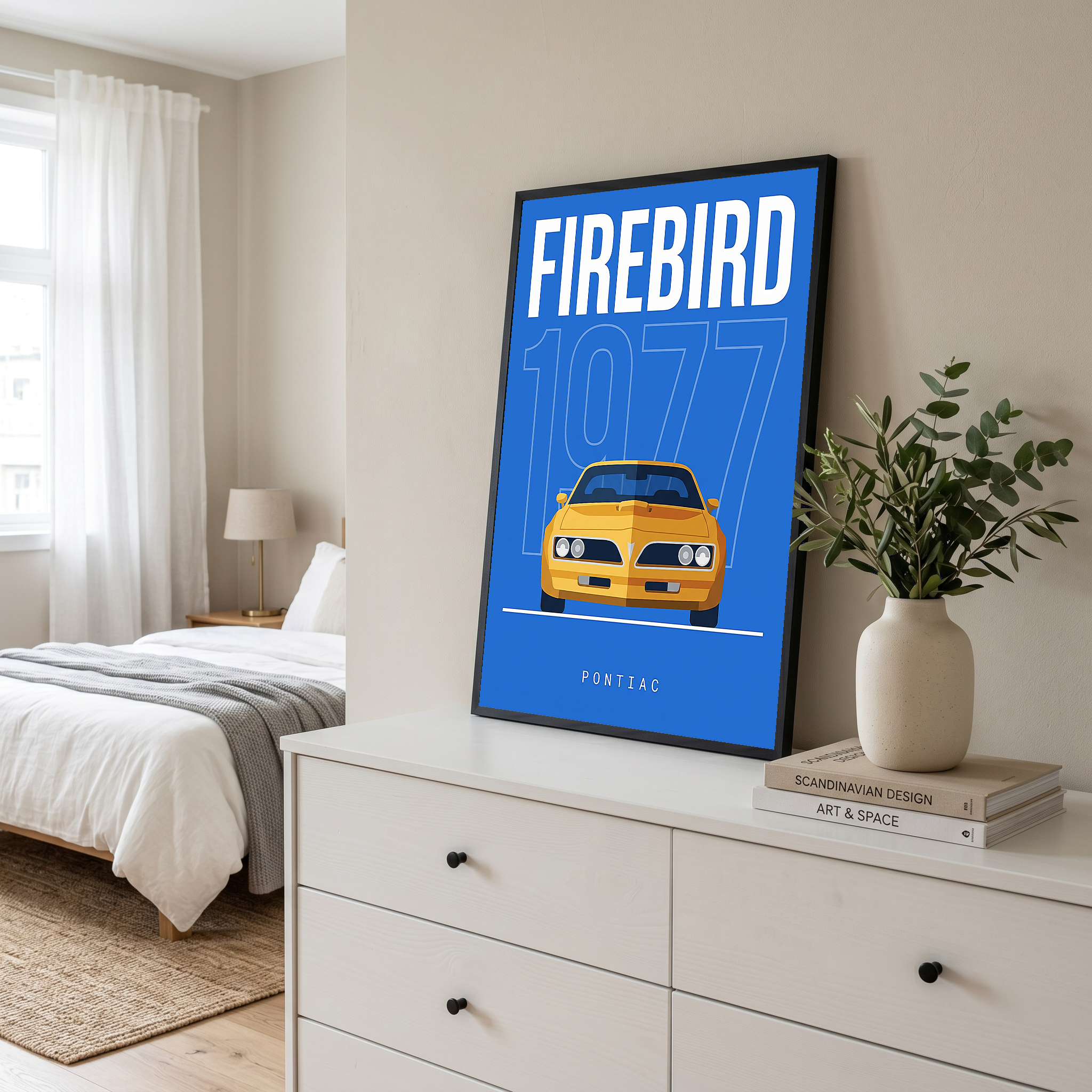 Pontiac Firebird 1977 Minimalist Poster — Blue Muscle Car Line Art